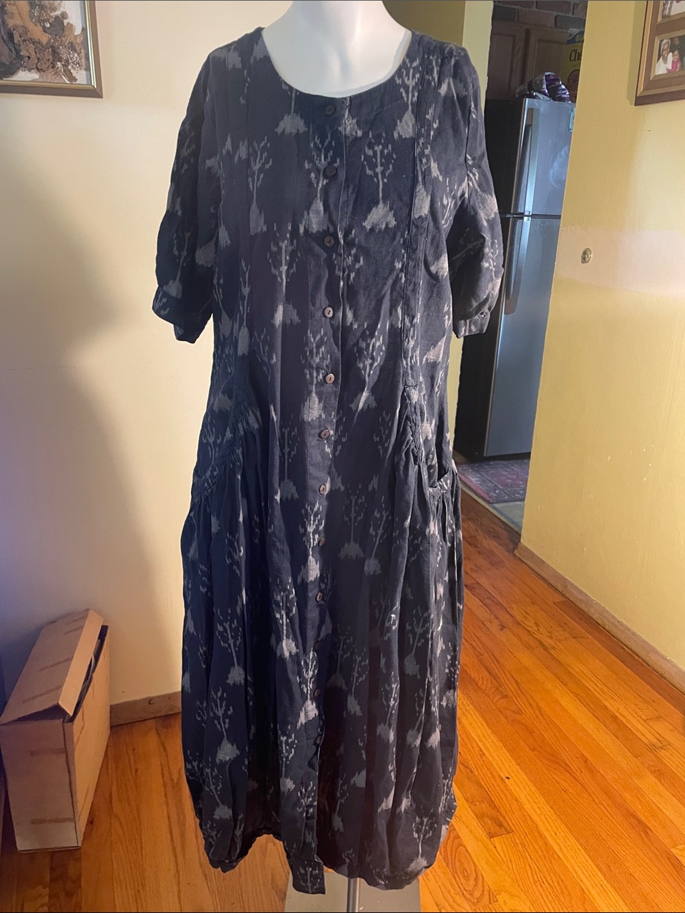 Bombay Paisley Navy and Grey Button-Front Dress with Pockets